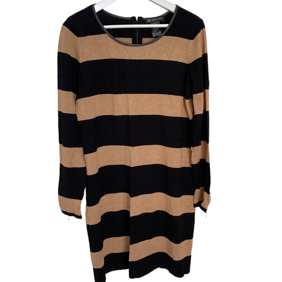 INC International Concepts camel and black striped knit dress zippered back - Picture 1 of 6